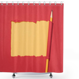 Personality  Top View Of Ripped Red Paper And Wrapped Pencil On Yellow  Shower Curtains