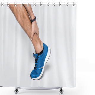 Personality  Cropped Shot Of Runner Holding Leg While In Hurts On White Shower Curtains