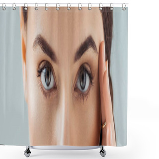 Personality  Cropped View Of Young Woman With Golden Eye Shadow Looking At Camera Isolated On Grey Shower Curtains