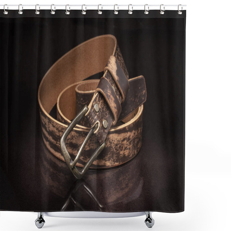 Personality  Brown Leather Belt With Scuffs And A Metal Buckle On A Dark Background. Shower Curtains