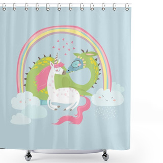 Personality  Cute Cartoon Dragon With Unicorn Shower Curtains