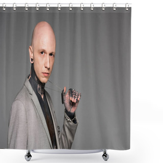 Personality  Handsome Bald Tattooed Man In Suit Holding Dog Tag On Chain And Looking At Camera Isolated On Grey Shower Curtains