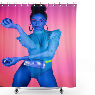 Personality  Fashionable African American Model With Neon Makeup And Bodysuit Holding Disco Balls On Pink Background Shower Curtains