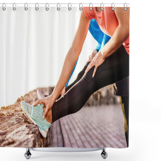 Personality  Fit Couple Stretching And Training Legs Outdoor - Sporty Young People Doing Workout Session Exercises Next The Beach - Sport, Fitness And Healthy Lifestyle Concept Shower Curtains