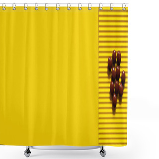 Personality  Top View Of Pile With Brown Round Shape Pills On Yellow Textured Background, Banner Shower Curtains