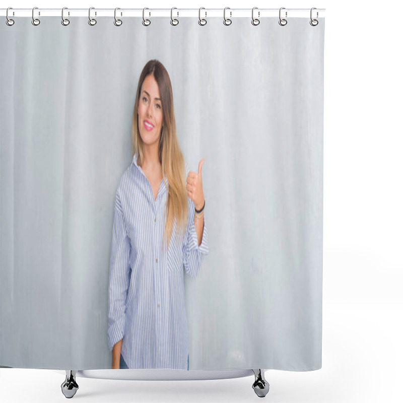 Personality  Young Adult Woman Over Grey Grunge Wall Wearing Fashion Business Outfit Smiling With Happy Face Looking And Pointing To The Side With Thumb Up. Shower Curtains