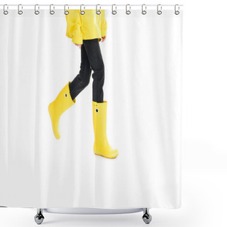 Personality  Partial View Of Woman In Yellow Raincoat And Rain Boots Isolated On White Shower Curtains