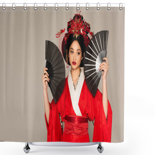 Personality  Japanise Woman In Kimono Posing With Fans Isolated On Grey  Shower Curtains