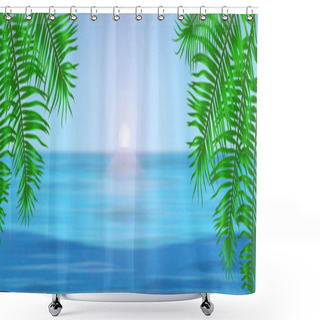 Personality  View Of Tropical Sea Between The Palm Trees Under Blue Sky. Vector Illustration Shower Curtains