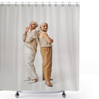 Personality  Full Length Of Fashionable Aged Women Standing Back To Back On Grey, Friendship And Positive Aging Shower Curtains