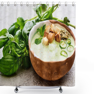 Personality  Bowl Of Delicious Green Spinach Creamy Soup With Croutons, Jalapenos And Pumpkin Seeds Shower Curtains