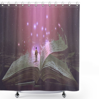 Personality  Boy Standing On The Opened Giant Book With Fantasy Light, Digital Art Style, Illustration Painting Shower Curtains