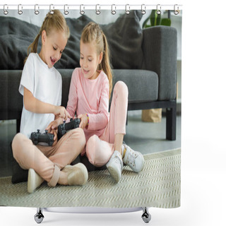 Personality  Little Sisters With Gamepads Playing Video Game Together At Home Shower Curtains