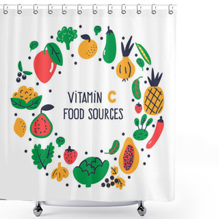 Personality  Vitamin C Food Sources Collection. Vector Cartoon Illustration, Isolated On White. Round Composition Shower Curtains