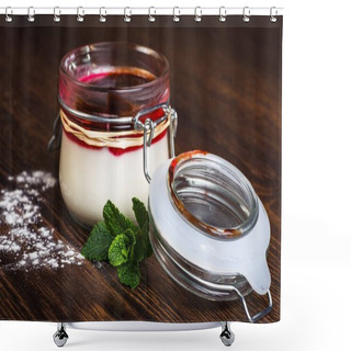 Personality  Delicious Italian Dessert Panna Cotta With Berry Sauce In A Glass Jar On Dark Background Decorated By Sugar Powder And Fresh Mint Leaves Shower Curtains