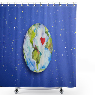 Personality  Top View Of Planet Picture With Heart Symbol On Violet Background With Stars, Earth Day Concept Shower Curtains