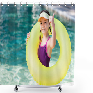 Personality  Girl In Swimwear And Sun Visor Cap Showing Thumb Up While Holding Swim Ring Near Pool Shower Curtains