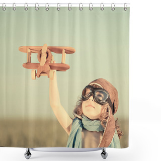 Personality  Happy Kid Playing With Toy Airplane Shower Curtains