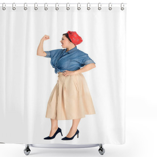 Personality  Full Length View Of Emotional Pin Up Woman Showing Muscles Isolated On White  Shower Curtains