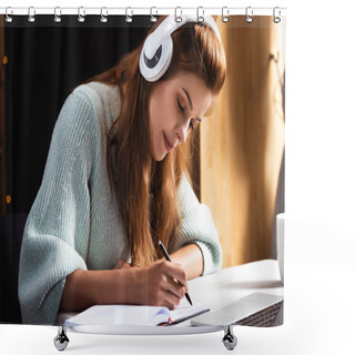 Personality  Woman In Headphones Writing And Studying Online With Laptop In Cafe Shower Curtains