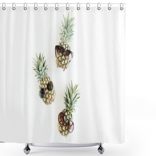 Personality  Hipster Pineapples In Glasses On White Background. Flat Lay, Top View Shower Curtains