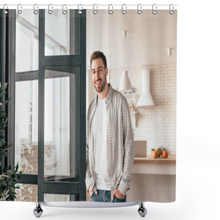 Personality  Smiling Bearded Man Standing With Hands In Pockets And Looking At Camera Shower Curtains