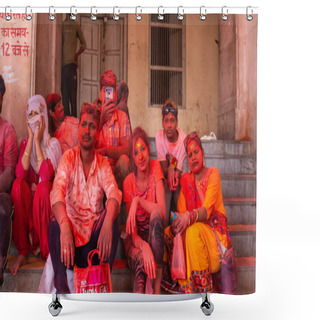 Personality  Barsana, Uttar Pradesh, India - March 2022: Portrait On Indian Hindu People With Colorful Faces Celebrating The Colorful Holi Festival On The Streets Of Barsana City. Shower Curtains