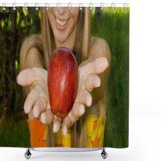 Personality  A Girl Shows A Red Apple Shower Curtains