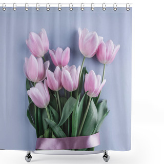 Personality  Bouquet Of Pink Tulips Flowers Over Light Blue Background. Greeting Card Or Wedding Invitation. Flat Lay, Top View, Copy Space. Wide Composition Shower Curtains