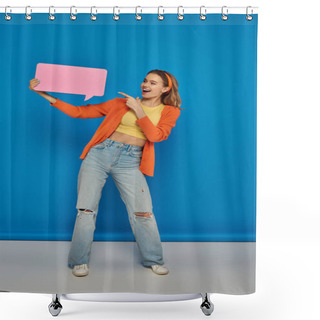 Personality  Excited Woman In Casual Attire Pointing At Speech Bubble On Blue Background, Space For Text Shower Curtains