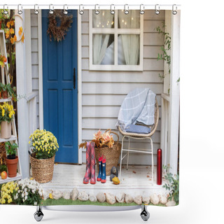 Personality  Autumn Wooden Porch Home. Cozy Autumn Terrace With Chair, Plaid, Rubber Boots, Baskets With Chrysanthemums And Pumpkins. Decorations In Autumn Patio For Relax. Stylish Fall Decor On Front Porch Home.  Shower Curtains