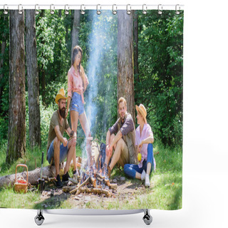 Personality  Friends Enjoy Summer Vacation Or Weekend Forest. Summer Vacation. Company Friends Relaxing Near Campfire. Pleasant Weekend Near Campfire. Best Friends Spend Leisure Weekend Forest Nature Background Shower Curtains