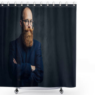 Personality  Portrait Of Redhead Bearded Male In Eyeglasses Dressed In An Elegant Wool Suit Over Grey Background. Shower Curtains