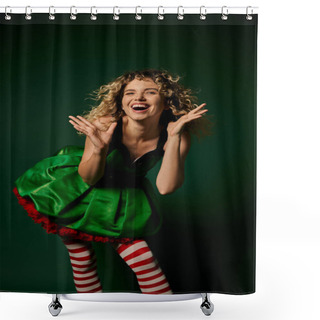 Personality  Cheerful Curly Woman Dressed As New Year Elf Smiling Happily At Camera With Hands Raised Face Shower Curtains