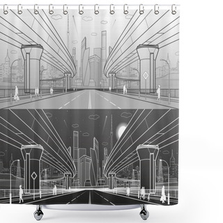 Personality  Road Overpass. Big Highway. Transport Bridge. Urban Infrastructure, Modern City On Background, Industrial Architecture. People Go. Towers And Skyscrapers. Lines Illustration, Vector Design Art  Shower Curtains