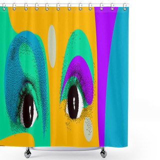 Personality  Looking Eyes 8 Bit Dotted Design Style Vector Abstraction, Human Face Stylized Design Element, With Colorful Splats. Shower Curtains