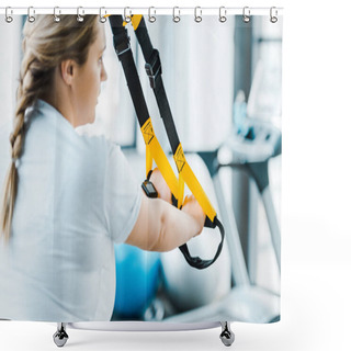 Personality  Selective Focus Of Overweight Woman Training Arms With Suspension Straps In Gym Shower Curtains