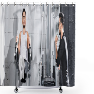 Personality  Young Sportsman Training On Parallel Bar Near Muslim Trainer In Gym, Banner  Shower Curtains