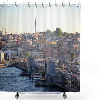 Personality  Evening Istanbul. Views Of The Galata Bridge. A View Of The Golden Horn. Evening Istanbul. Turkey. 2015 - Stock Image Shower Curtains