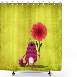 Personality  Pink Striped Cat With Red Flower Shower Curtains