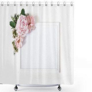 Personality  Wedding, Birthday Sign Board Mock-up Scene. Blank White Wooden Frame. Decorative Floral Corner. Green Leaves, Pink Peony, Roses And Wax Flowers. White Table Background. Flat Lay, Top View. Shower Curtains