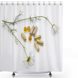 Personality   Medical Daisies And Pills And Pills On A Light Background. Shower Curtains