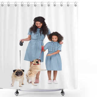 Personality  Young Mother And Daughter In Similar Dresses With Pugs On Leashes Isolated On White Shower Curtains