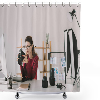 Personality  Photographer With Lenses, Digital Camera Shower Curtains