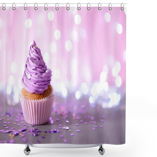Personality  Cupcake With Purple Cream Icing On A Glitter Background Shower Curtains