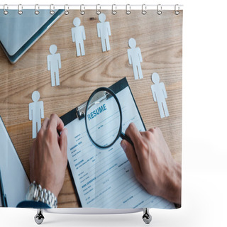Personality  Cropped View Of Man Holding Magnifier Near Clipboard With Resume  Shower Curtains