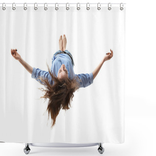Personality  Mid-air Beauty. Full Length Studio Shot Of Attractive Young Woman Hovering In Air And Keeping Eyes Closed Shower Curtains