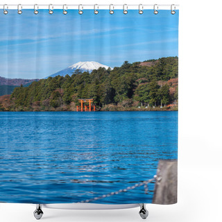 Personality  Mountain Fuji And Lake Ashi With Hakone Temple And Sightseeing Boat In Autumn Shower Curtains