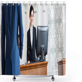 Personality  Panoramic Shot Of Of Businessman Near Cheerful Receptionist Looking At Computer Monitor  Shower Curtains