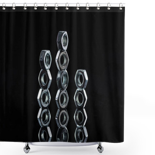 Personality  Metallic Nuts One On Top Of Each Other Isolated On Black Shower Curtains